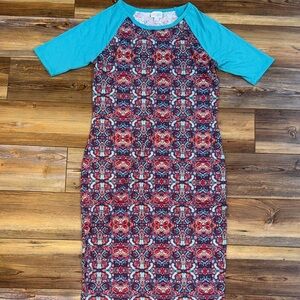 LuLaRoe Julia - Multicolor Printed Midi Dress with Teal Raglan Sleeves